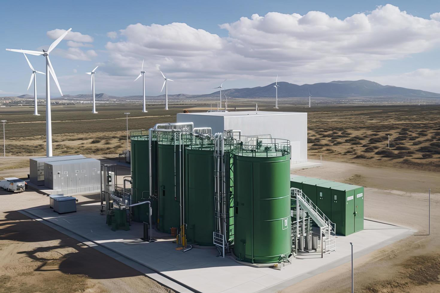 grön väte förnybar energi produktion anläggning - grön väte gas för rena elektricitet sol- och vindturbin anläggning foto