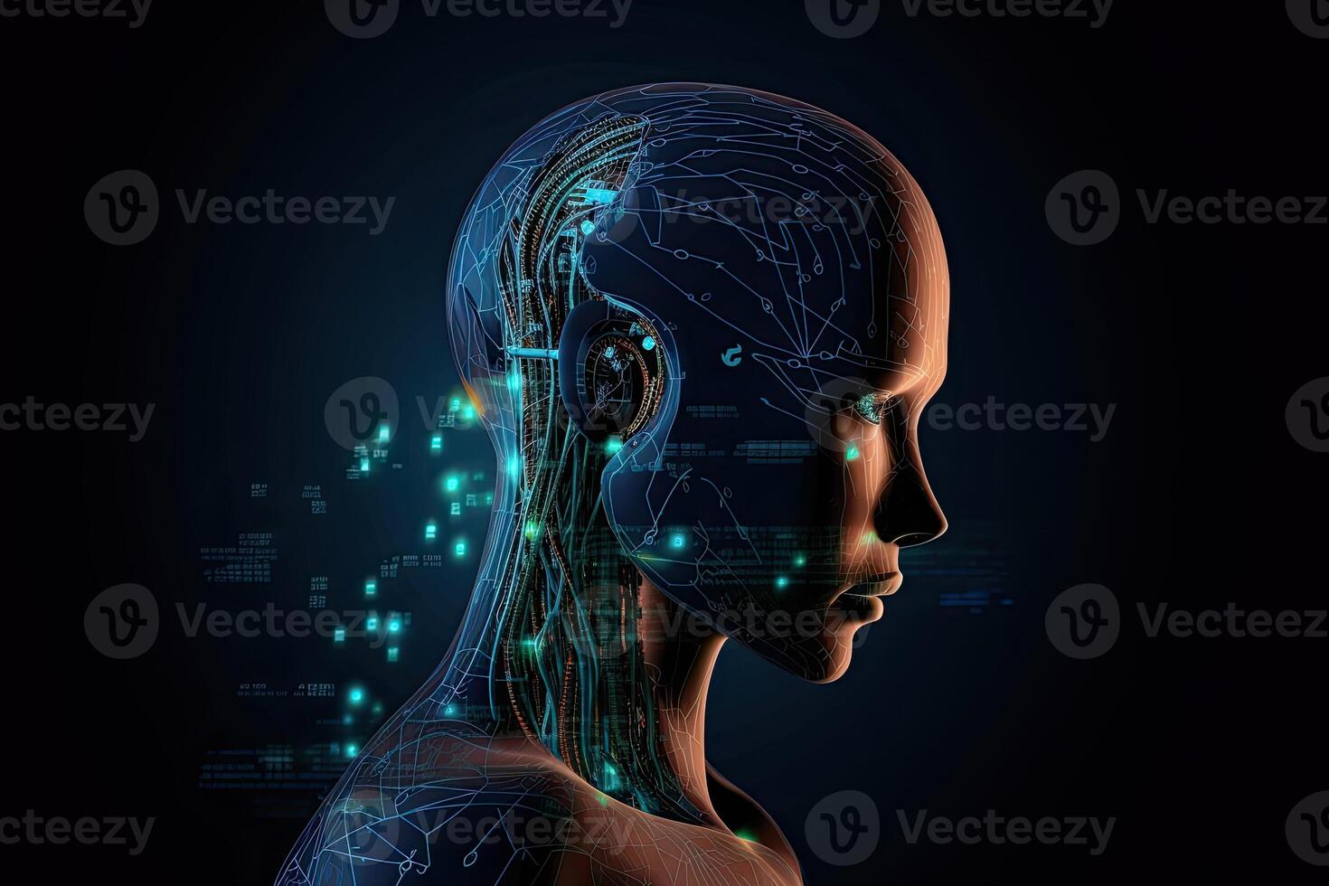visualisering av mänsklig medvetande i artificiell intelligens, bearbeta av tänkande robot. humanoid android på mörk bakgrund med nervceller förbindelse. skapas med generativ ai foto
