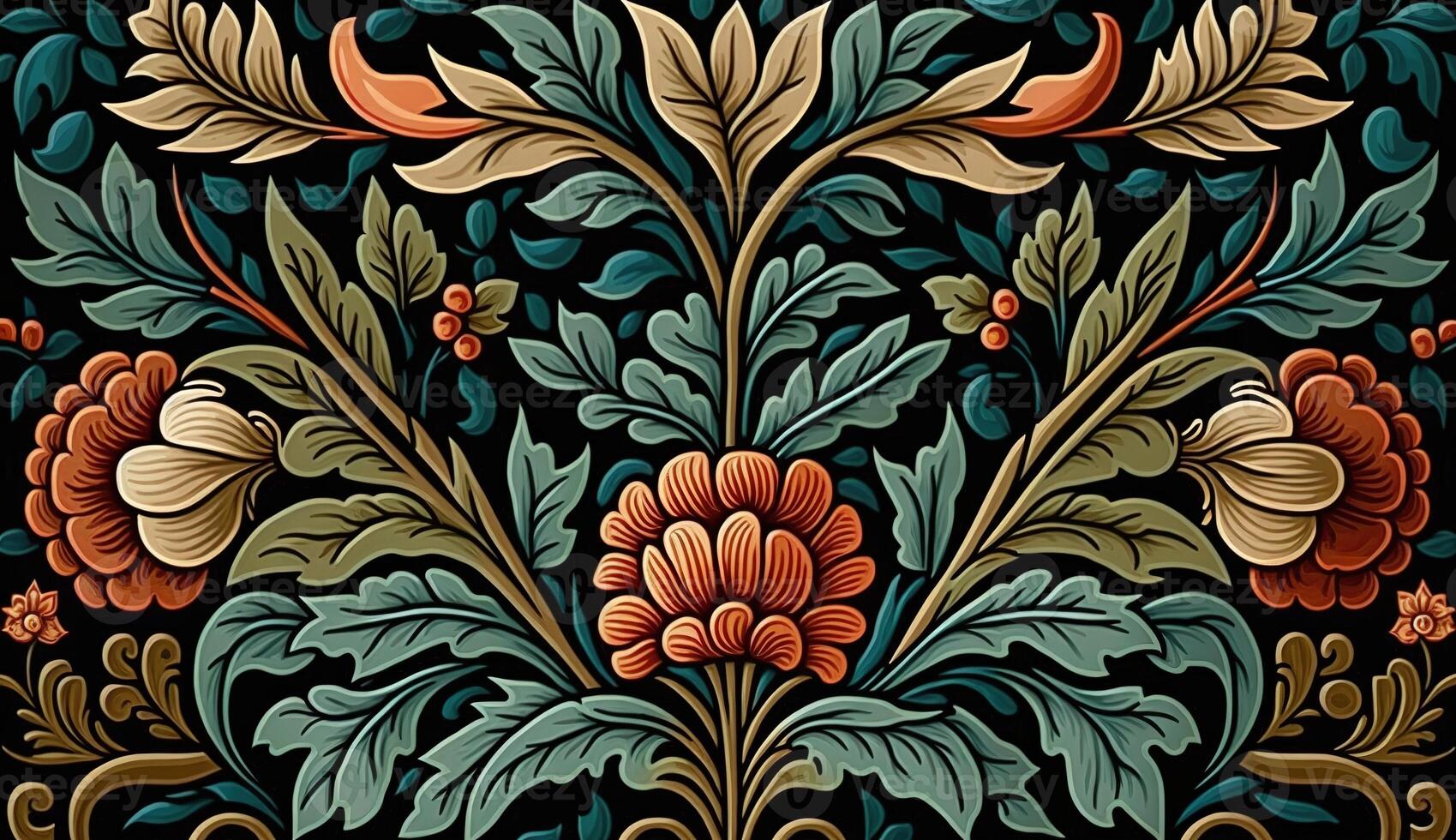 generativ ai, blommig färgrik mönster. william morris inspirerad naturlig växter och blommor bakgrund, årgång illustration. folk stil foto