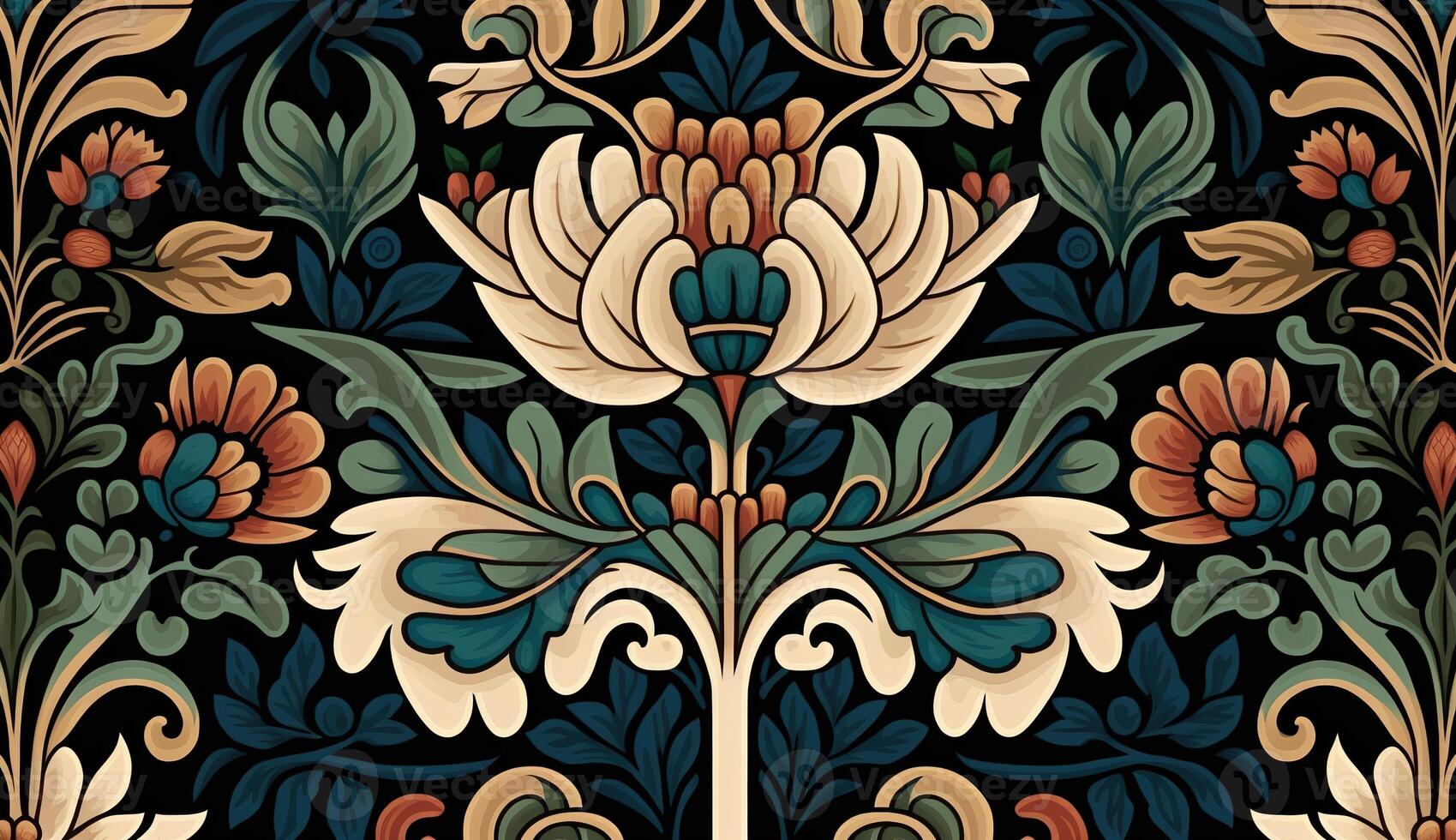 generativ ai, blommig färgrik mönster. william morris inspirerad naturlig växter och blommor bakgrund, årgång illustration. folk stil foto