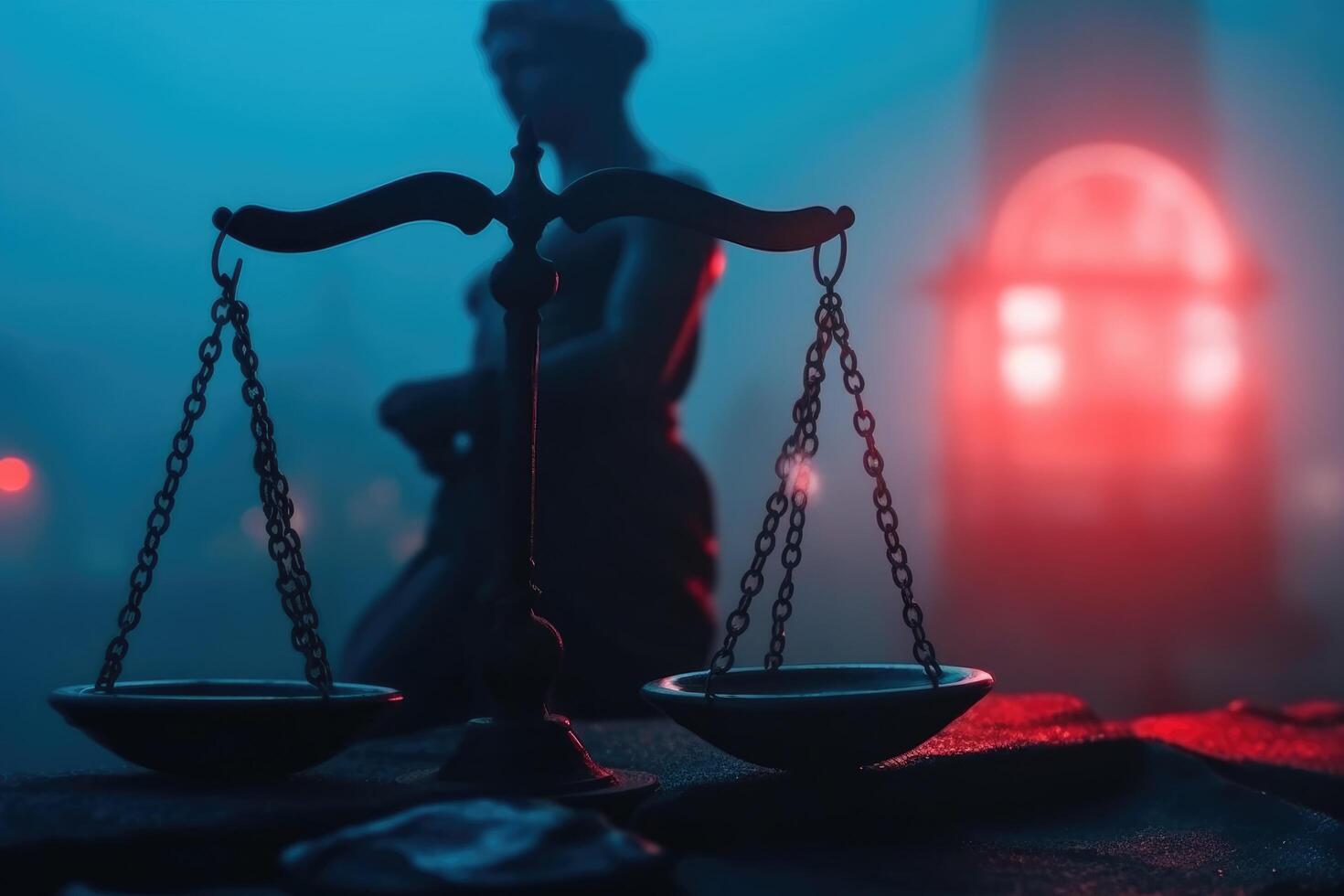 Rättslig lag begrepp. silhuett av de staty av rättvisa på med lampor på dimmig bakgrund foto