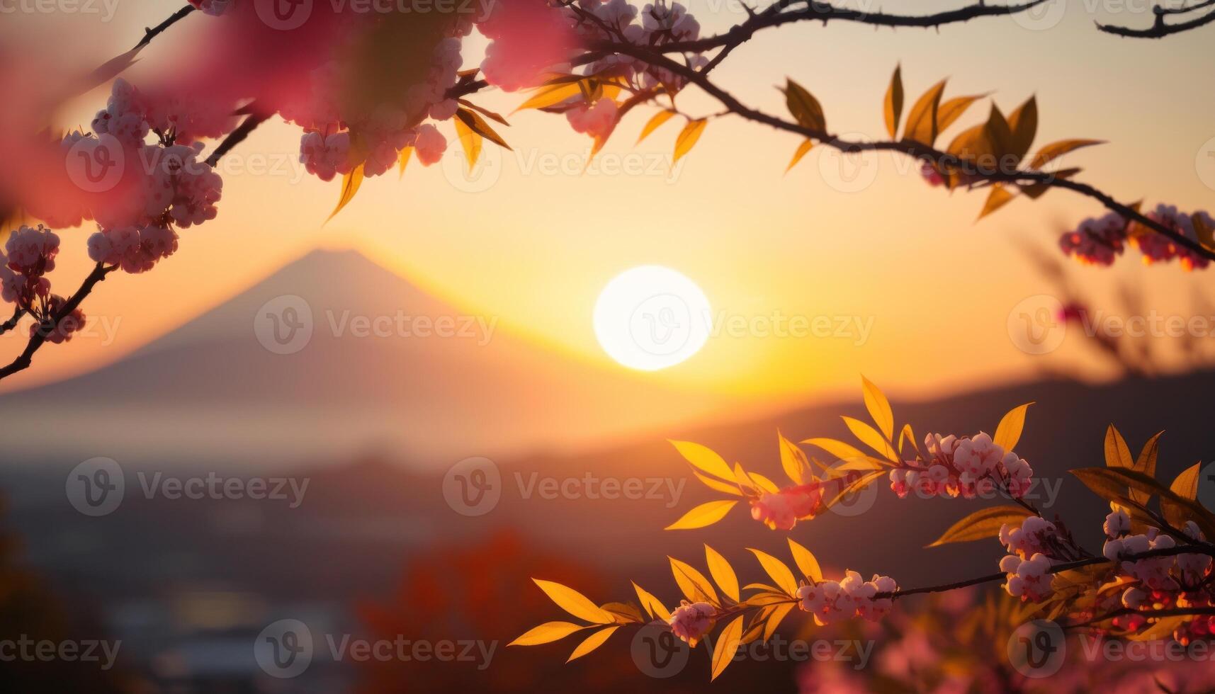 se av montera fuji med körsbär blomma, och blommor på de sjö i japan. montera fuji med körsbär blomma, blommor på de sjö i japan fuji berg på synpunkt. generativ ai foto