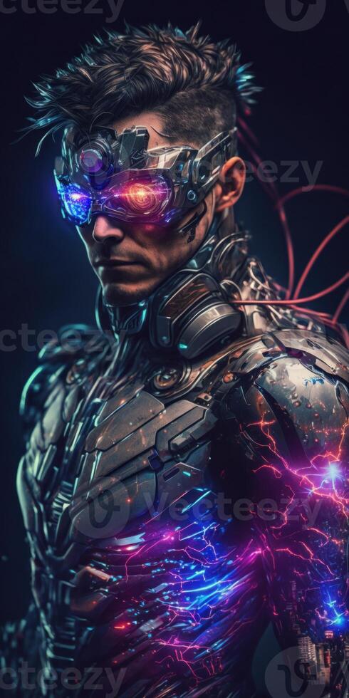 porträtt av en ung cyborg man med trogen Färg metall virtuell verklighet glasögon, cyborg man förändrad verklighet, och trogen syn 3d. obefintlig person. generativ ai foto