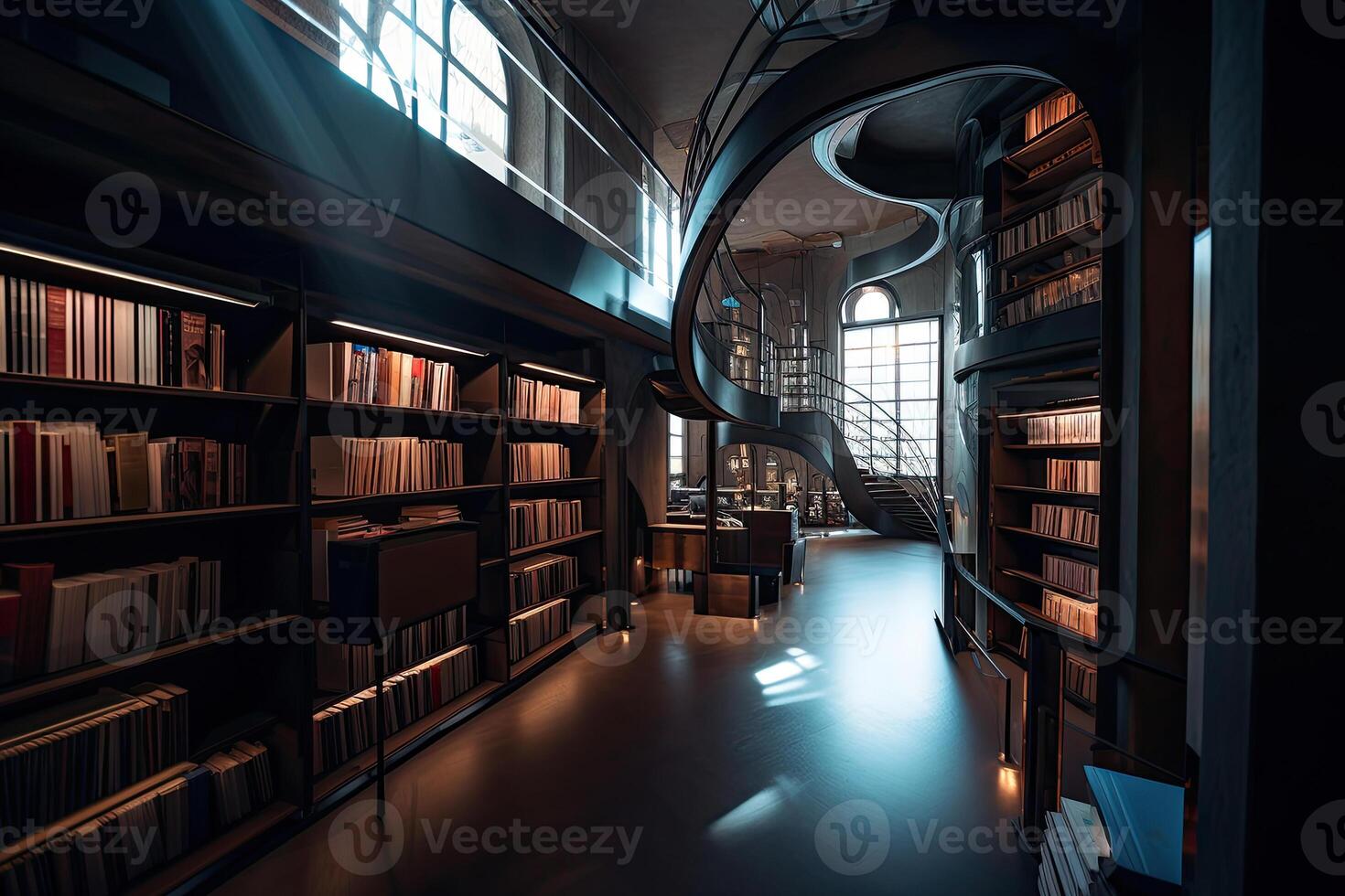 interiör av bibliotek med många bokhyllor. generativ ai foto