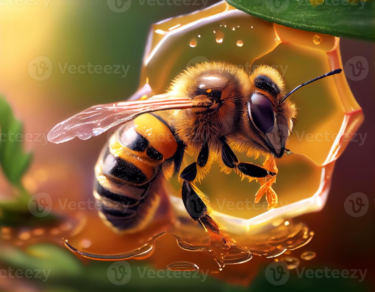 marco bi pollinerande och täckt i skön blomma pollen.generativ ai foto
