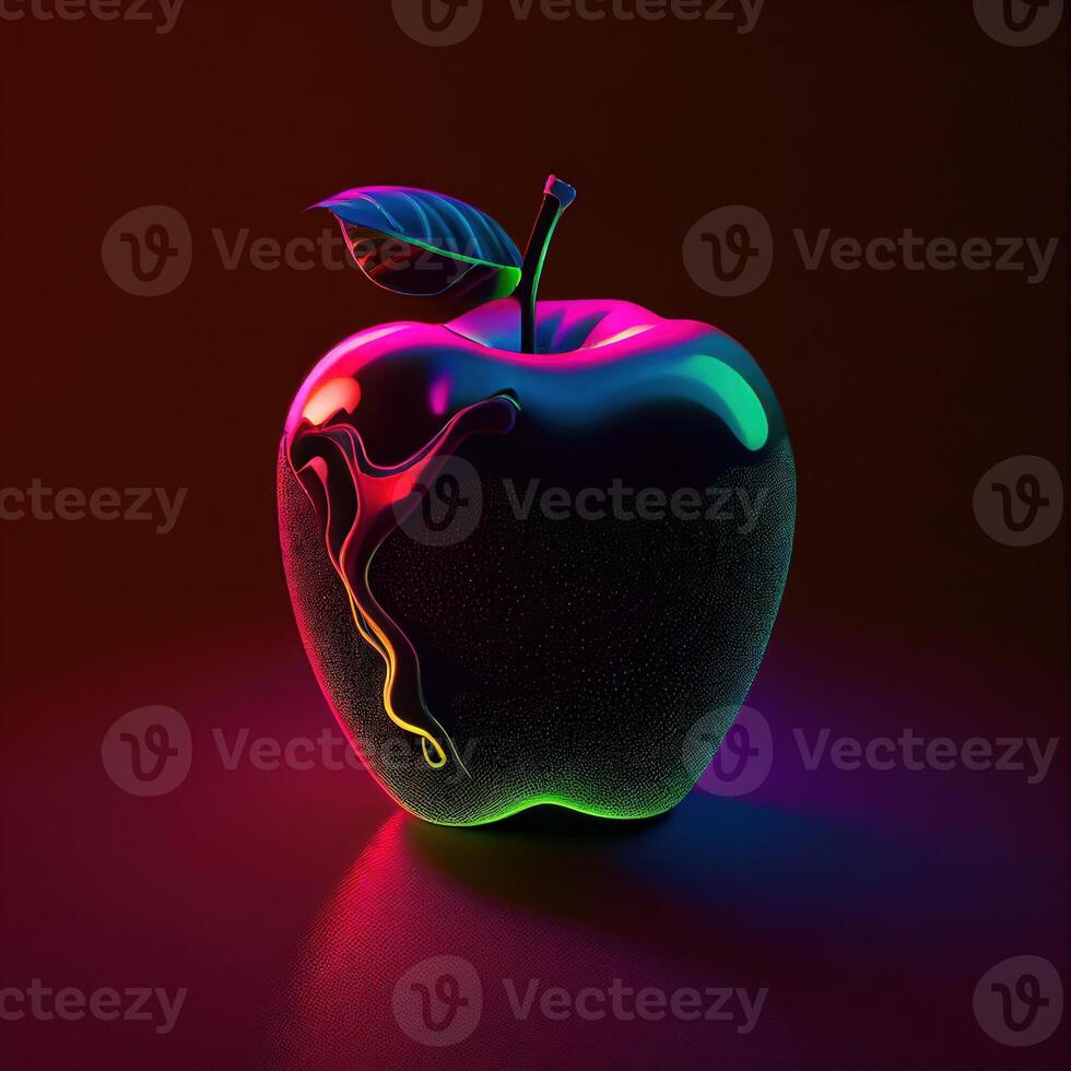 skön neon ljus, äpple på röd bakgrund ai generativ foto