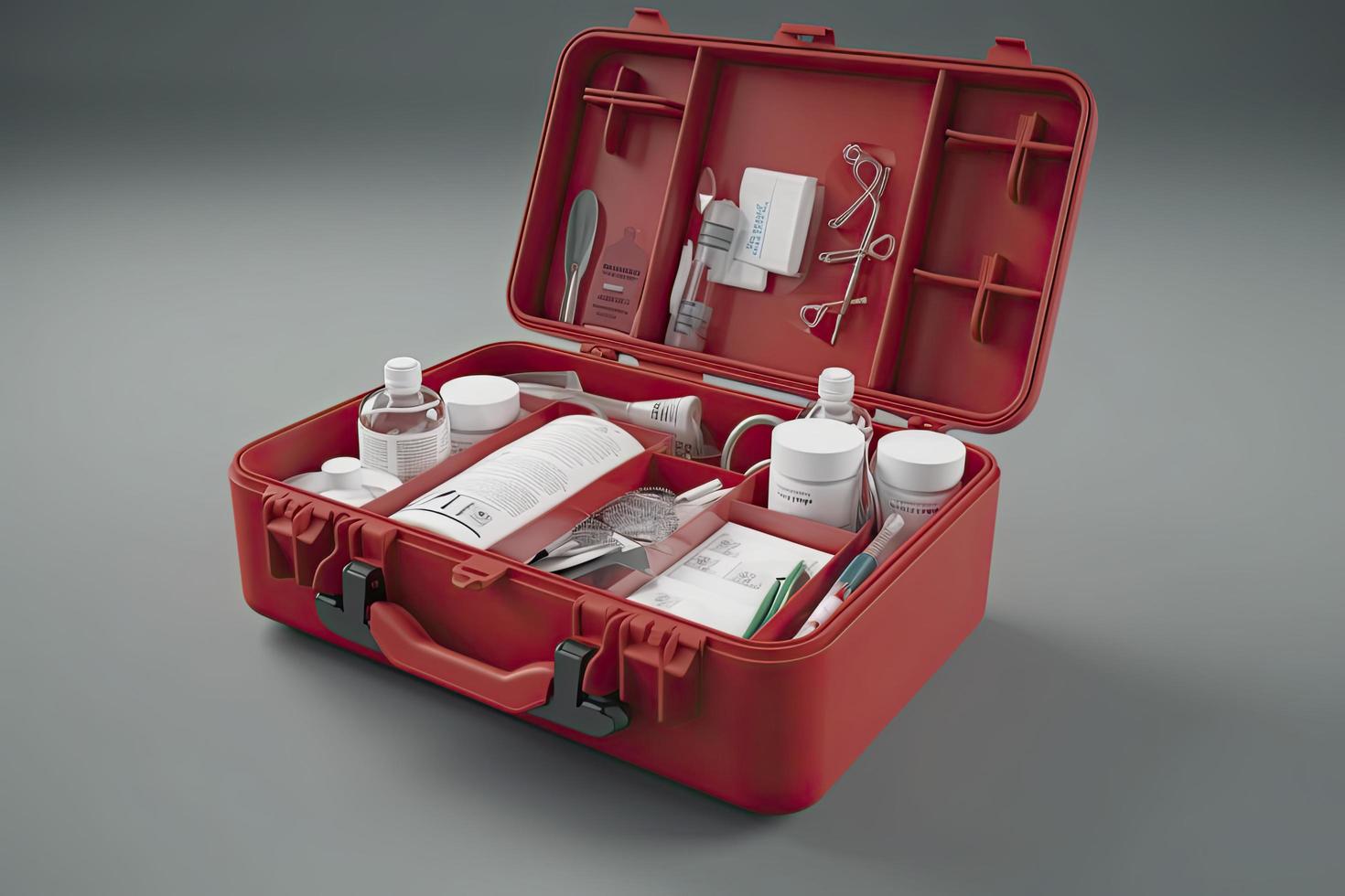 enkel öppen röd först hjälpa utrustning med med mediciner för apotek kategori 3d framställa illustration. foto