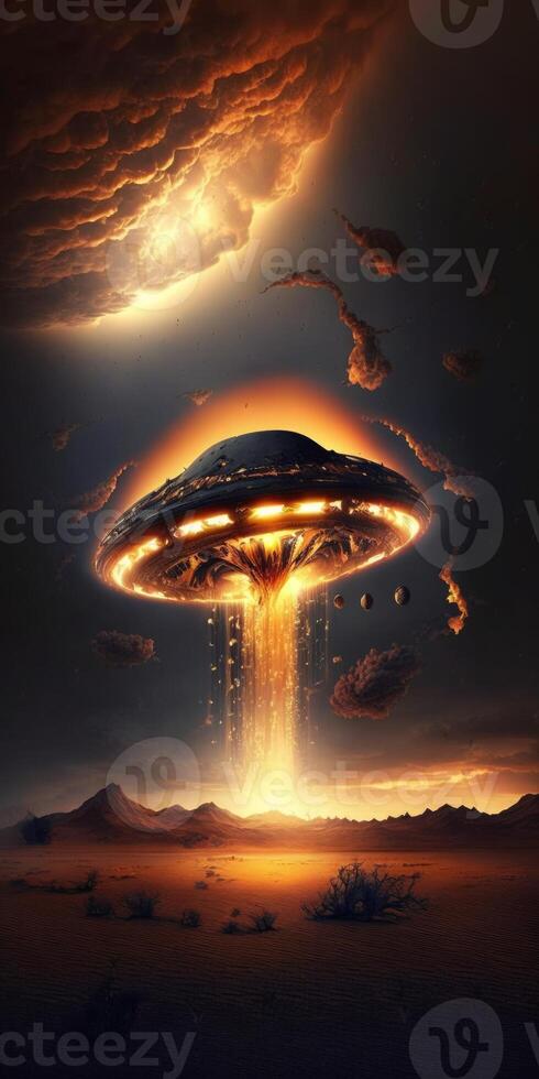 smält UFO faller från de himmel på natt generativ ai foto