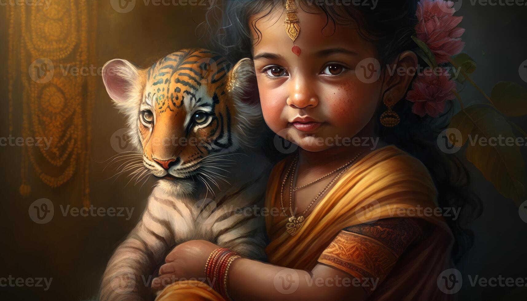 liten söt bebis durga med bebis tiger söt 8 K generativ ai foto
