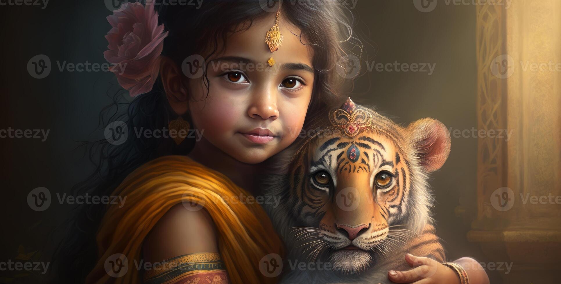 söt liten durga innehav bebis tiger söt 8 K bild generativ ai foto