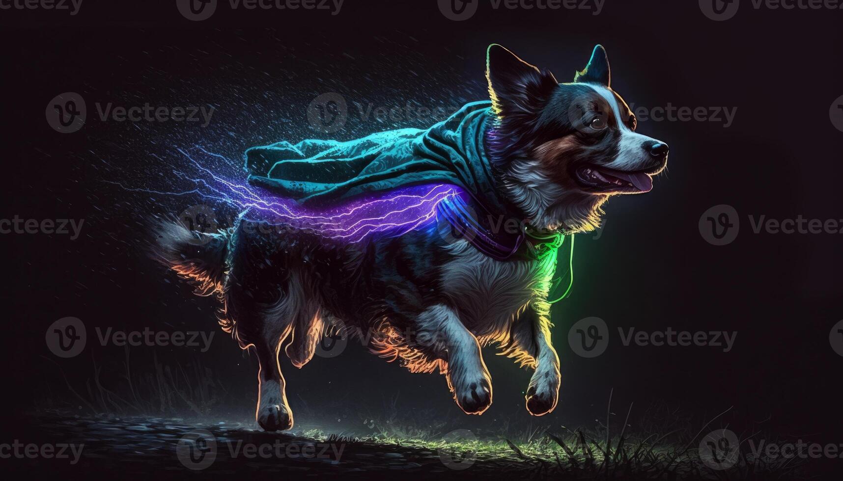 söt liten hund bär torkdukar av neon i de mörk natt generativ ai foto