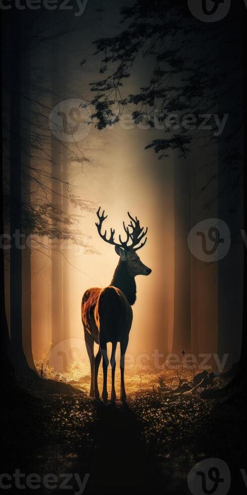 en brun rådjur i de mörk skog dimmig bild generativ ai foto