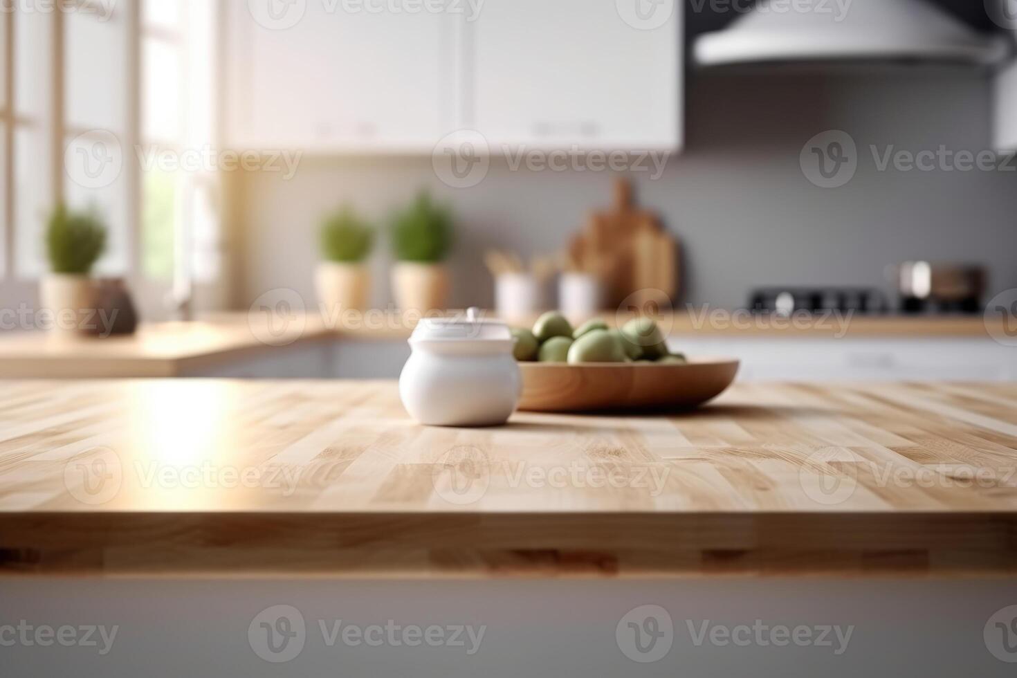 tömma trä tabell och suddig vit kök vit vägg. trä tabell topp på fläck kök för produkt visa mockup. generativ ai foto