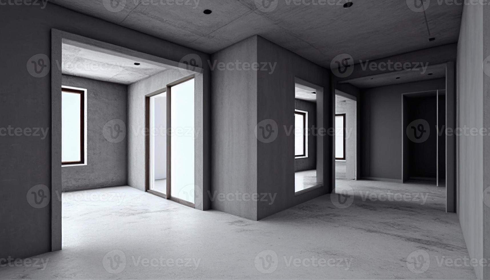 tömma levande rum lägenhet modern interiör . ljus Hem levande rum med bricka golv, fönster och tom vägg med tak. verklig fast egendom inuti design mall realistisk 3d illustration ai foto