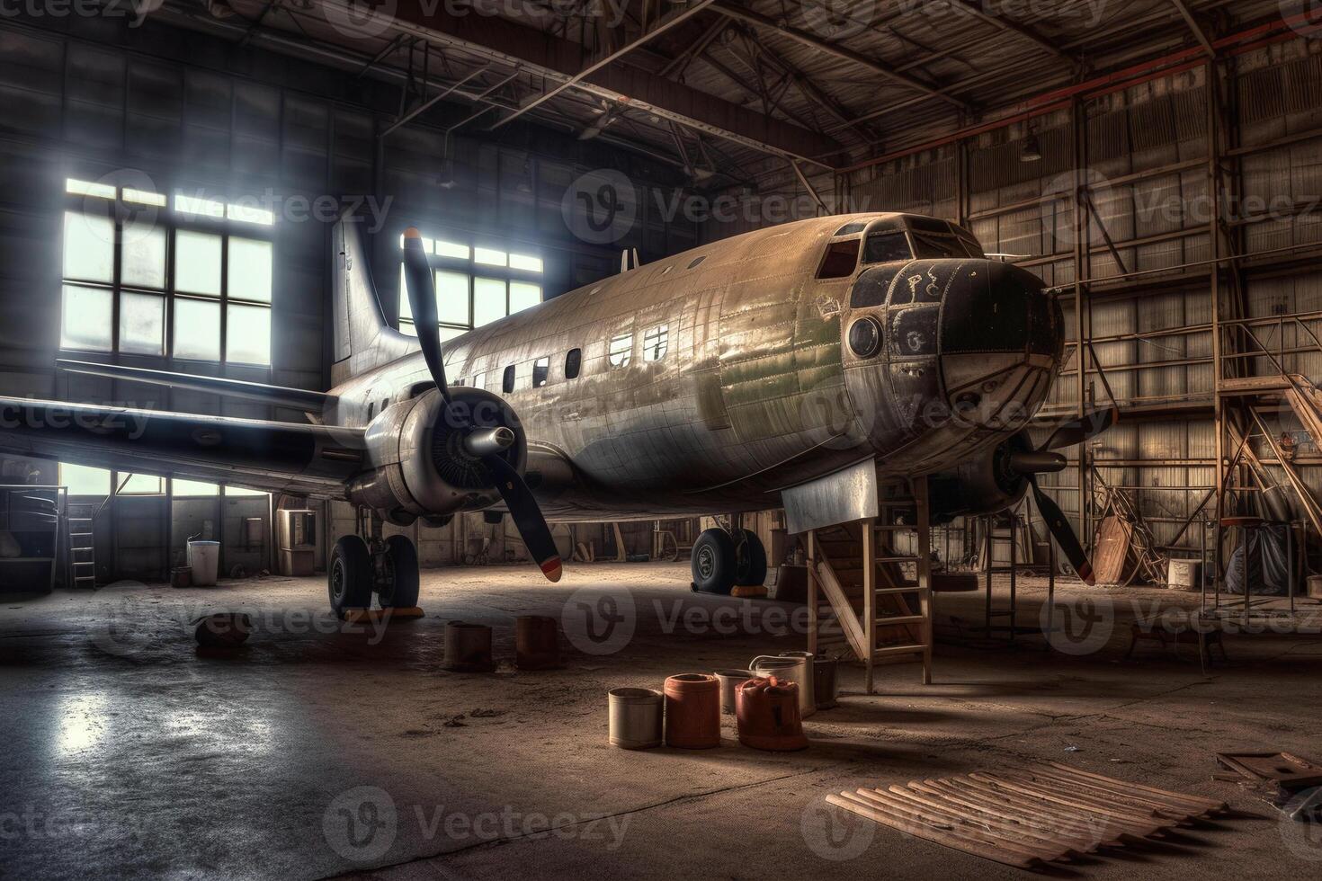 rostig och gammal flygplan i de hangar. flygplan återvinning. ai genererad foto