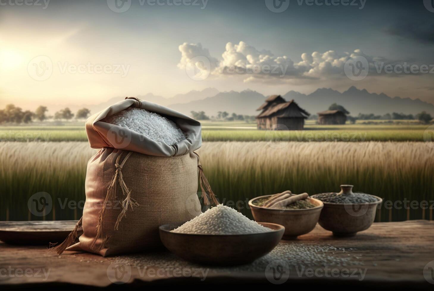vit ris eller okokt vit ris i trä- skål och säck med ris fält bakgrund. generativ ai foto