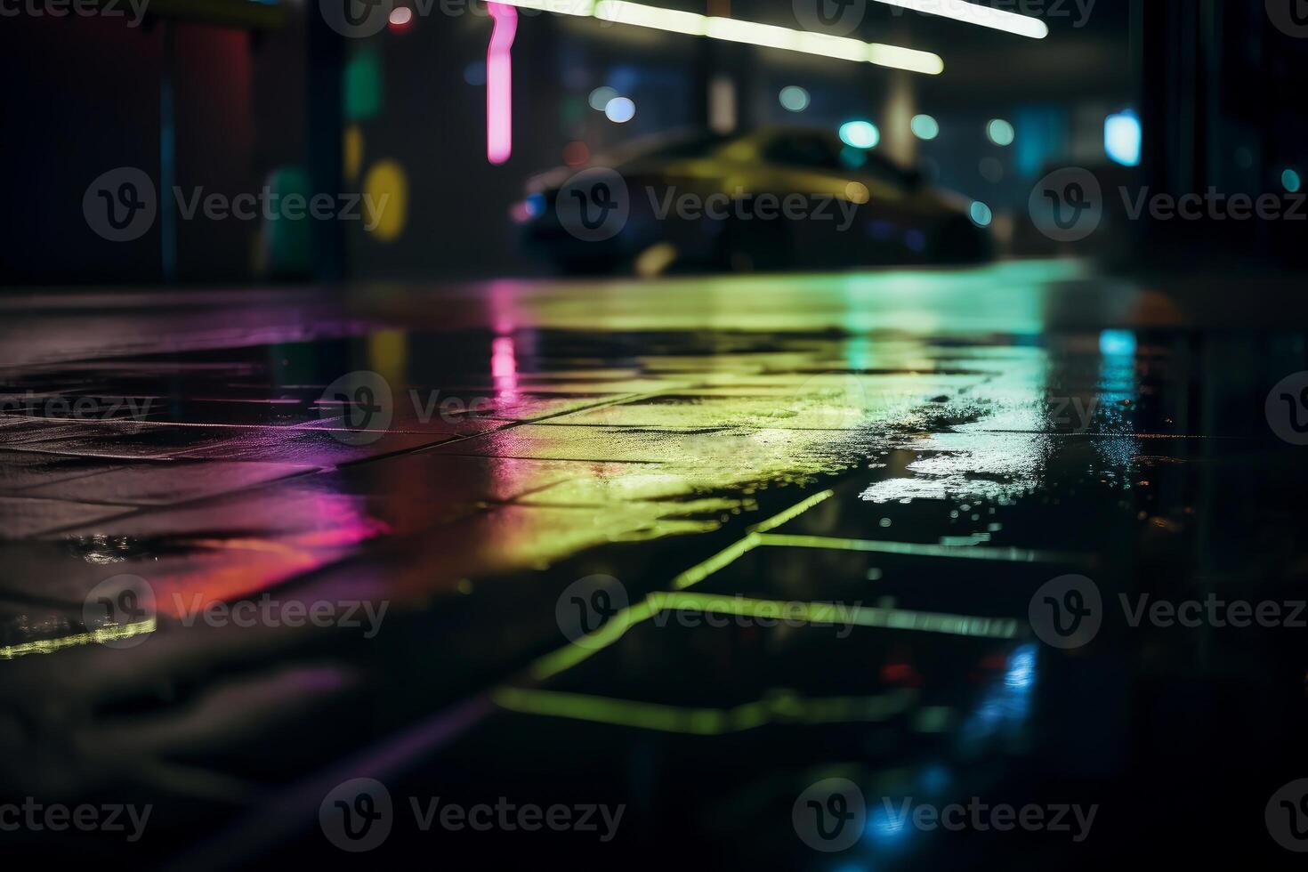 neon reflexion på våt asfalt golv, ai genererad foto