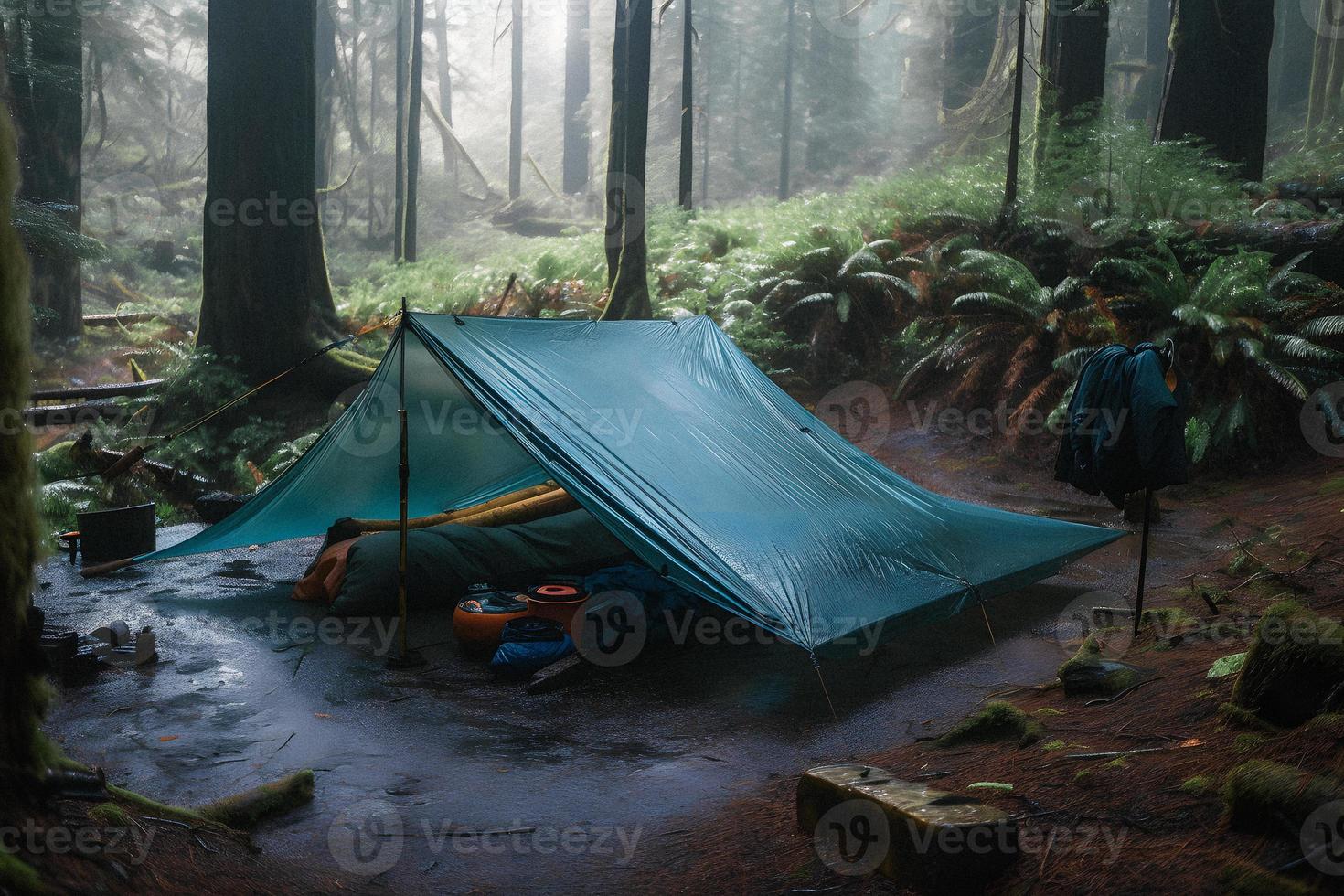 Kro stempel lige ud vildmark överlevnad. bushcraft tält under de presenning i tung regn,  fattande de kyla av gryning. en scen av uthållighet och elasticitet  22210449 Arkivfoto på Vecteezy