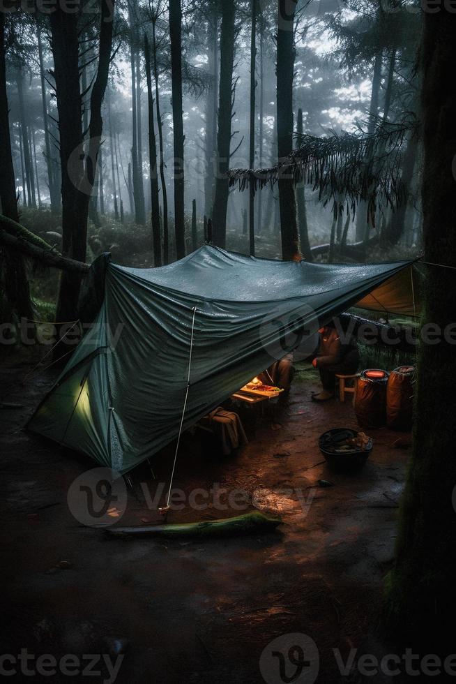 vildmark överlevnad. bushcraft tält under de presenning i tung regn, fattande de kyla av gryning. en scen av uthållighet och elasticitet foto