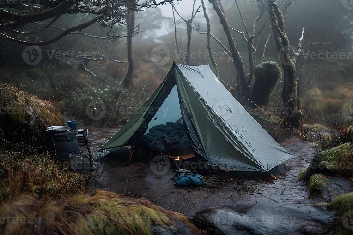 vildmark överlevnad. bushcraft tält under de presenning i tung regn, fattande de kyla av gryning. en scen av uthållighet och elasticitet foto