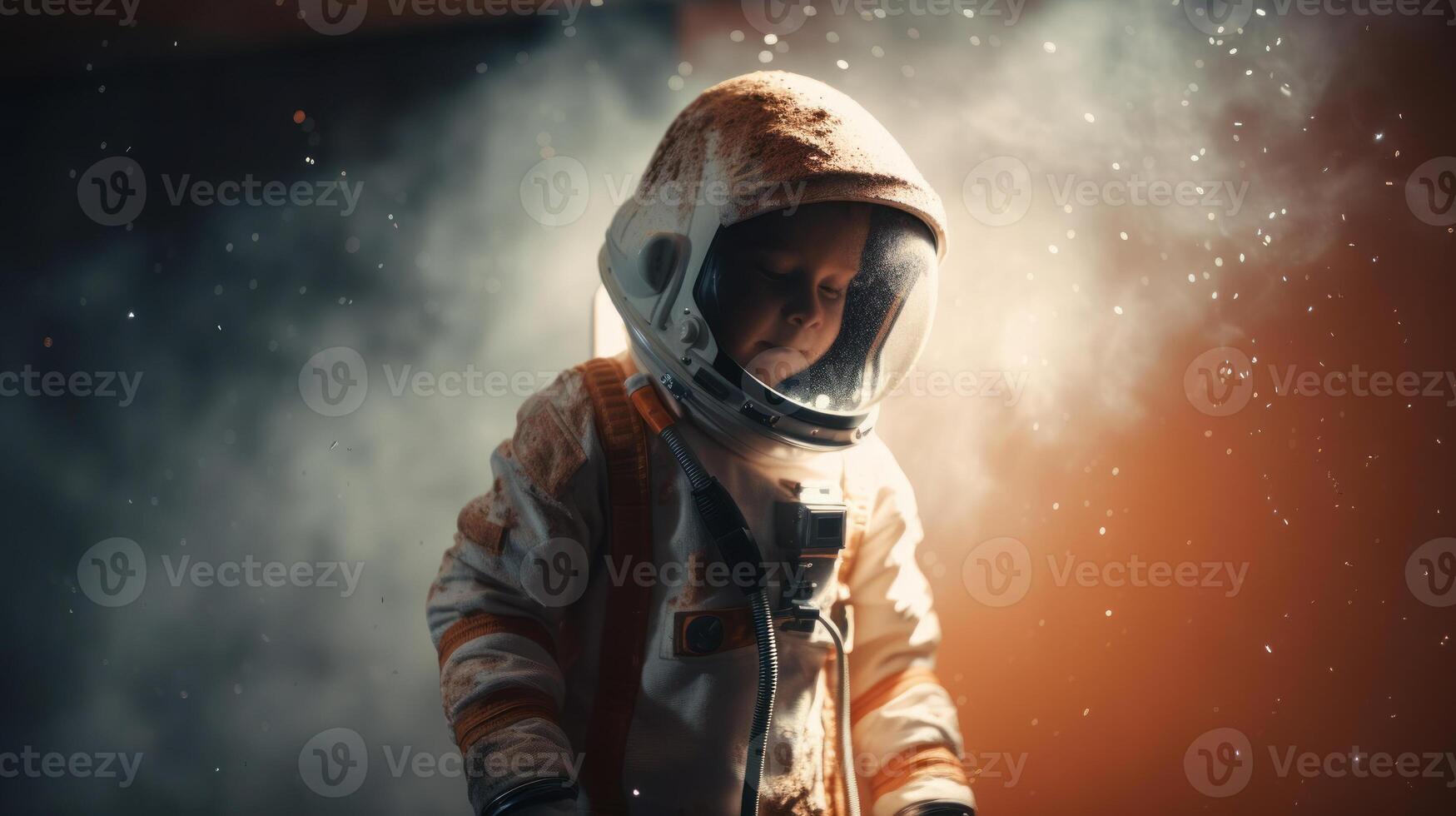 liten unge bär rymddräkt. kosmonaut begrepp. ai genererad. foto