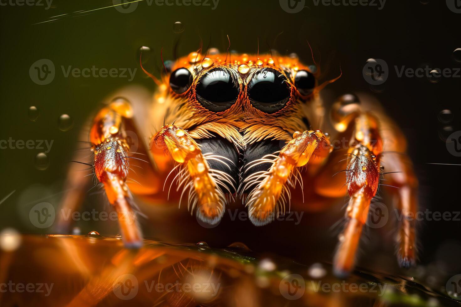 mycket stänga och detaljerad makro porträtt av en Spindel mot en mörk bakgrund. ai genererad foto