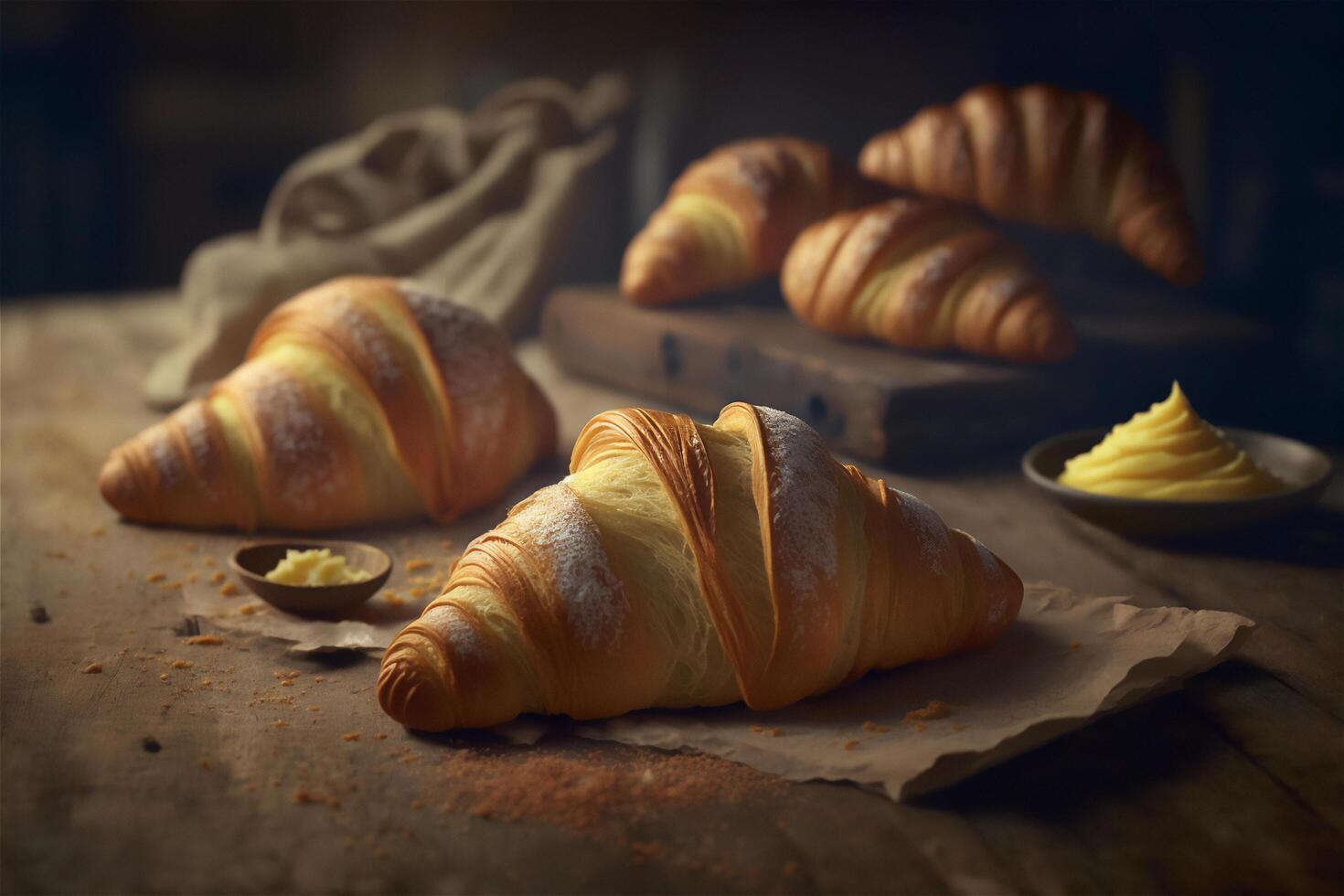 utsökt hemlagad croissanter på rustik trä- kök tabell. ai genererad foto