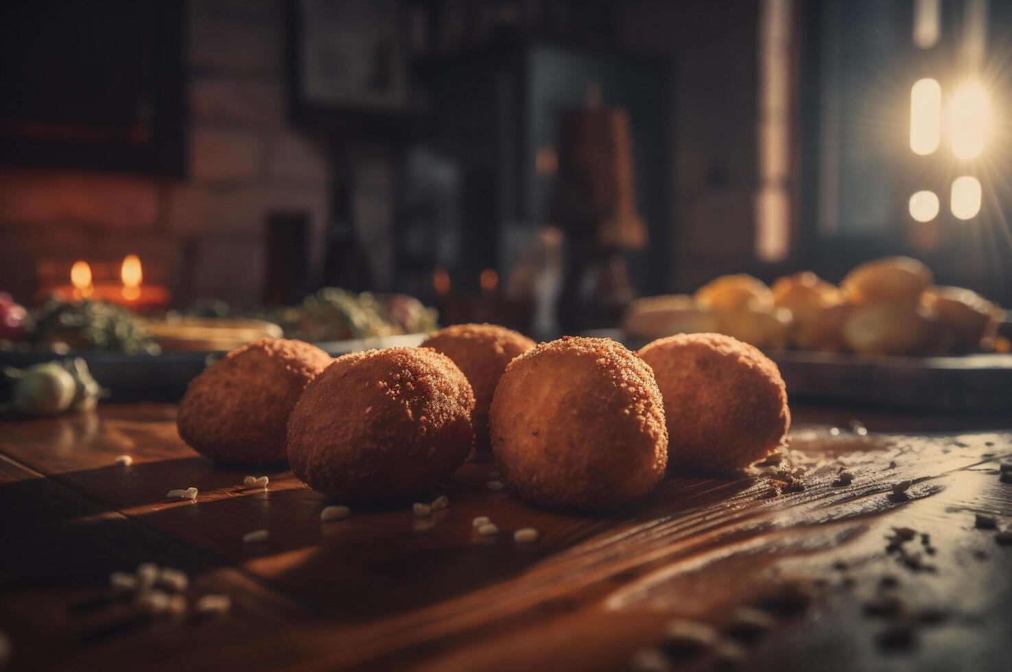 utsökt hemlagad kroketter på trä- tabell i rustik kök bakgrund. ai genererad foto