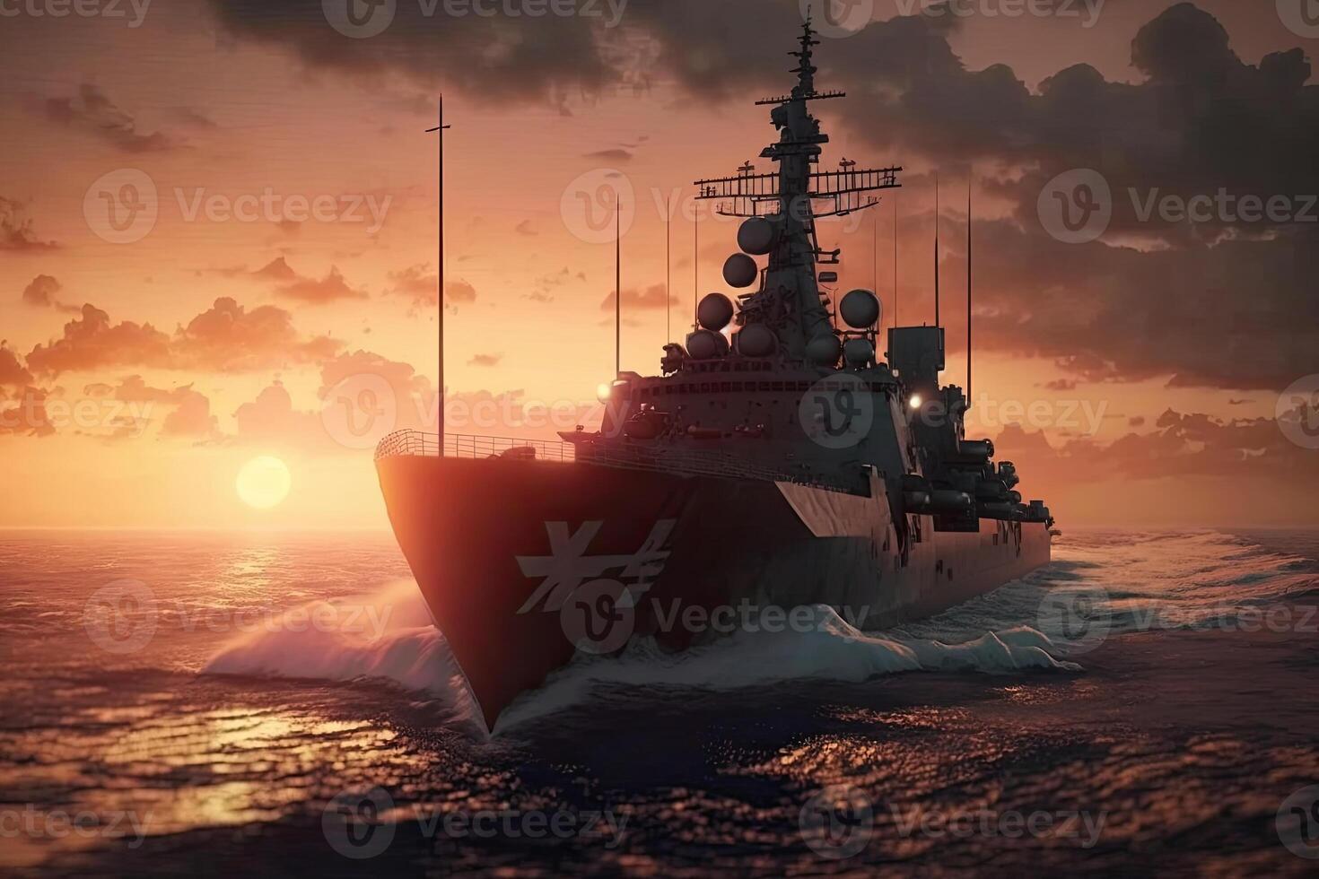 modern örlogsfartyg i de hav på solnedgång. militär tvinga fartyg segling i hav. generativ ai foto