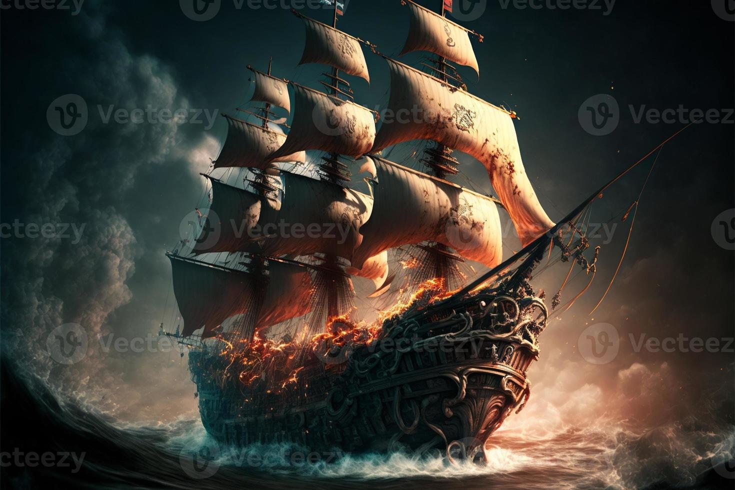 landskap med pirat fartyg på hav, horisont i bakgrund. ai digital illustration foto