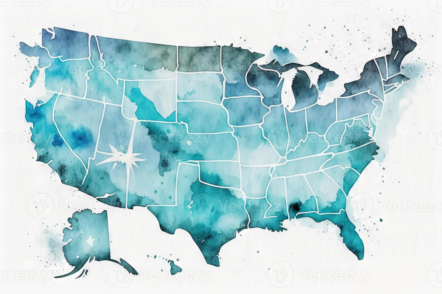 skön ljus blå USA Karta vattenfärg Nej bakgrund foto