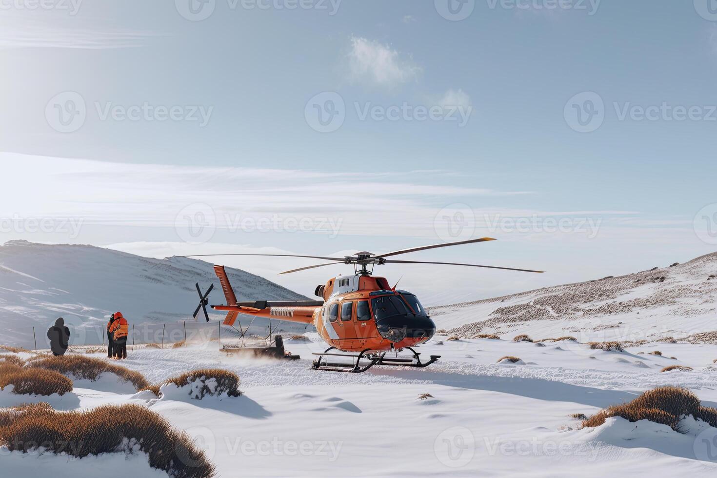 Sök och rädda drift i berg. medicinsk rädda helikopter landning i snöig berg. skapas med generativ ai foto