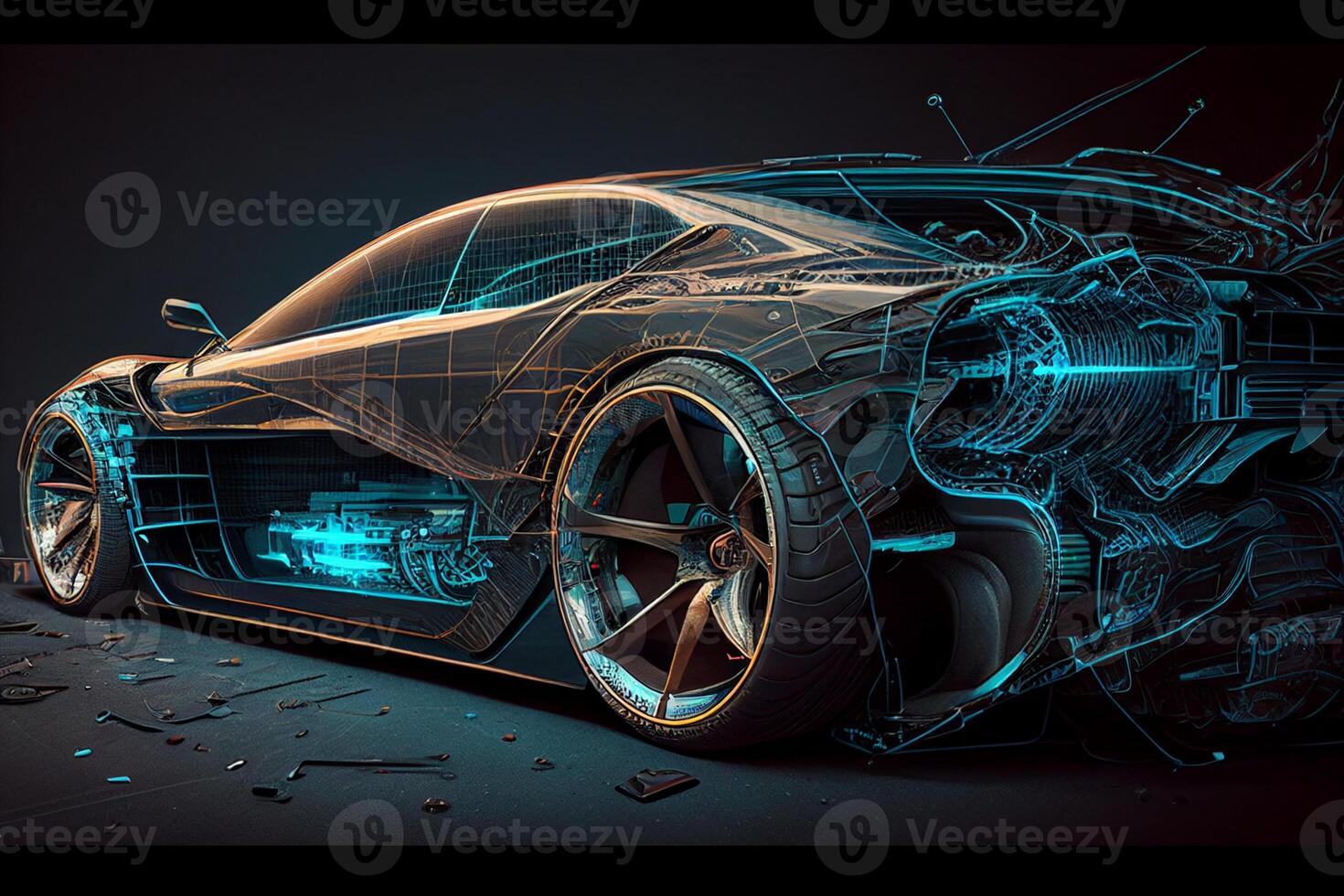 sport bil tråd modell på en svart bakgrund. 3d tolkning generativ ai foto