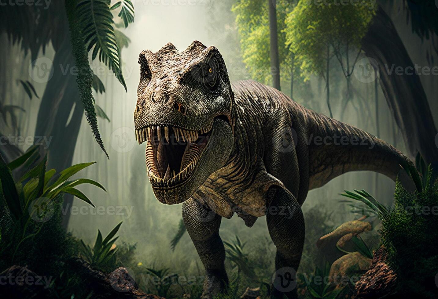 tyrannosaurus rex i de grotta. 3d illustration. generativ ai foto