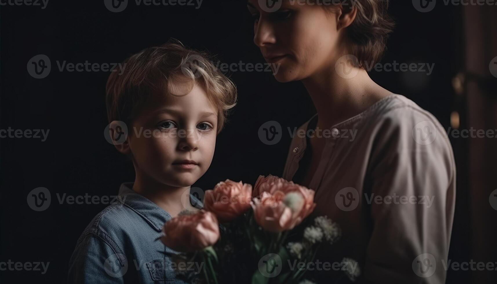 liten pojke innehav blommor, kramas hans mor och fira mors dag. generativ ai foto