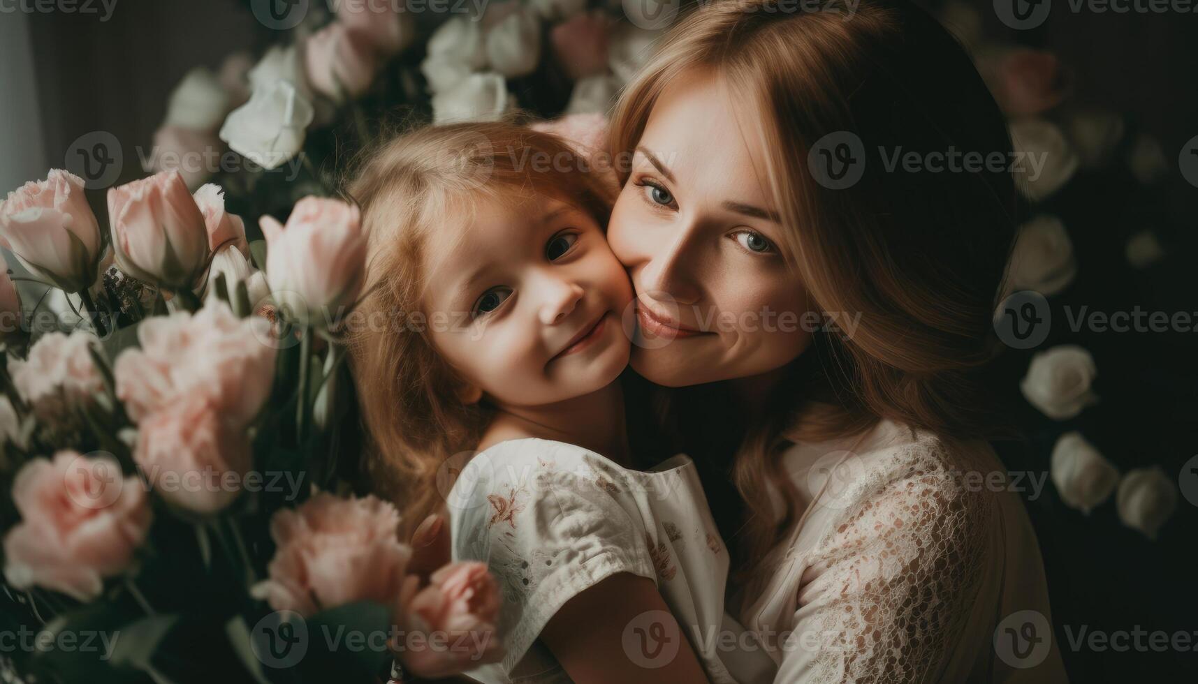 liten flicka innehav blommor, kramas henne mor och fira mors dag. generativ ai foto