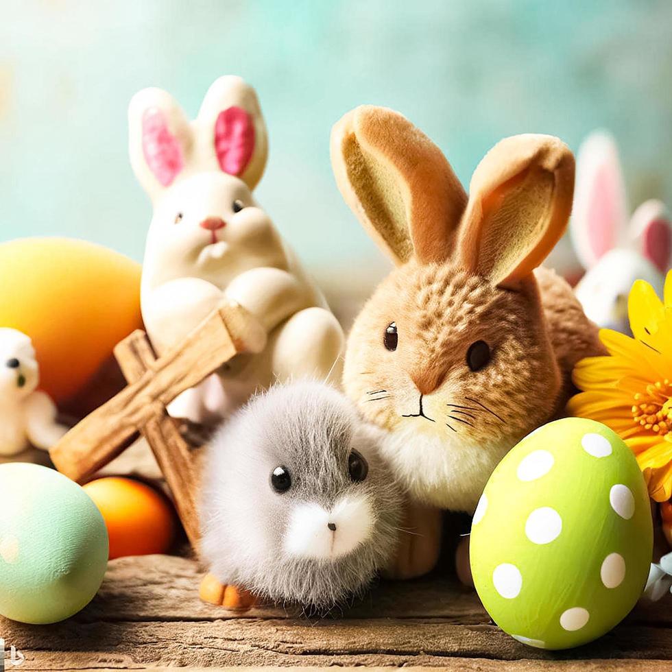 glad påskbakgrund med kanin och ägg foto