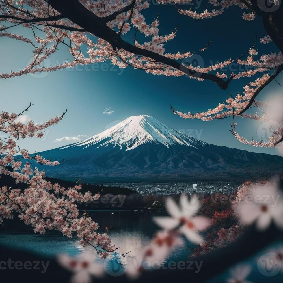 japansk körsbär blomma med montera fuji på de bakgrund. realistisk körsbär blomma sakura blomma gren med skön sjö och berg se. rosa körsbär blomma och montera fuji. generativ ai. foto