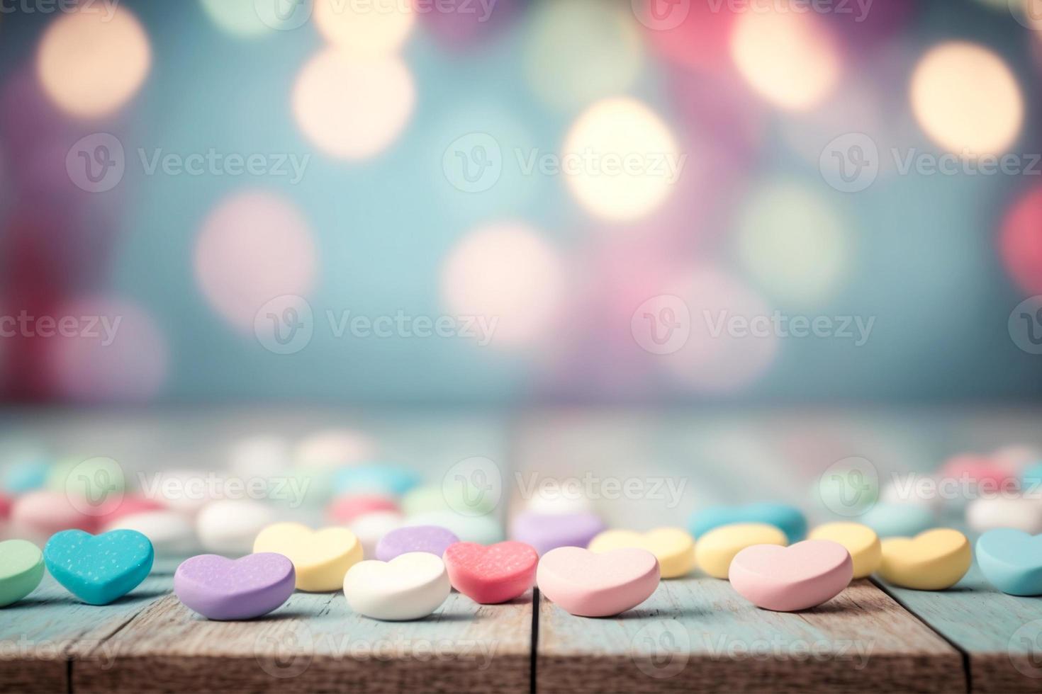 valentines dag teman bakgrund med tömma pastell Färg trä- tabell för produkt visa, kopia Plats, hjärtan, och bokeh lampor i de trä bakgrund. generativ ai foto