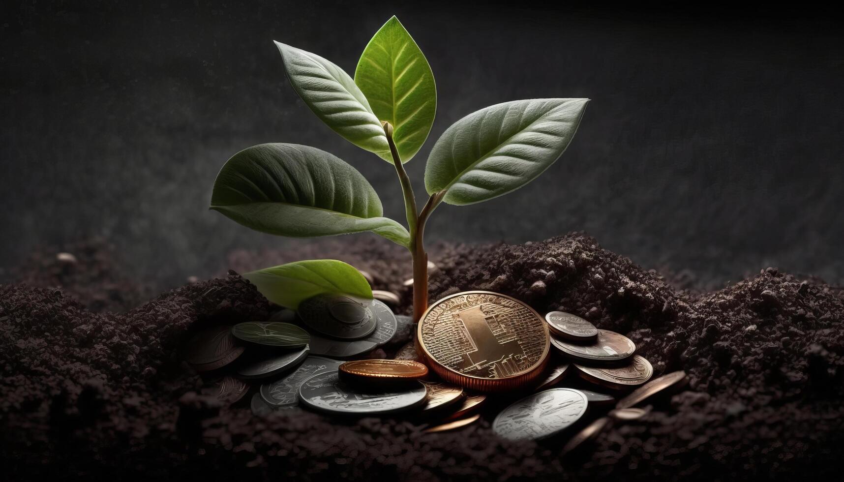 växande pengar - växt på mynt - finansiera och investering begrepp. generativ ai foto