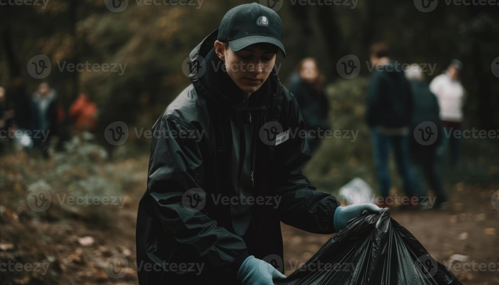 en person deltar i en lokal- gemenskap städa händelse, plockning upp skräp och portion till ha kvar de miljö rena. foto