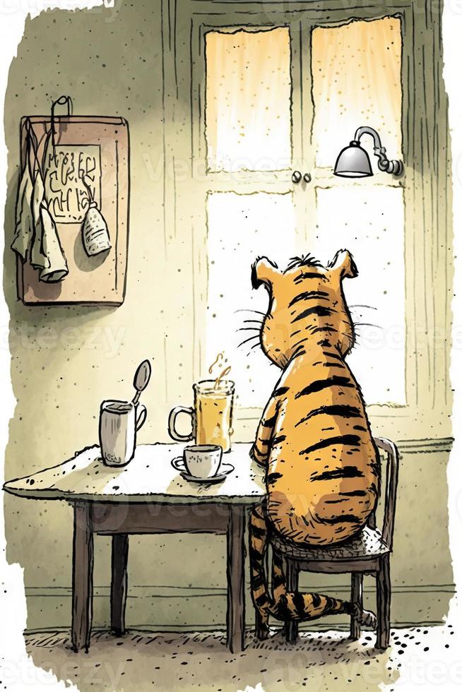 trött tiger är dricka kaffe tecknad serie stil målning foto