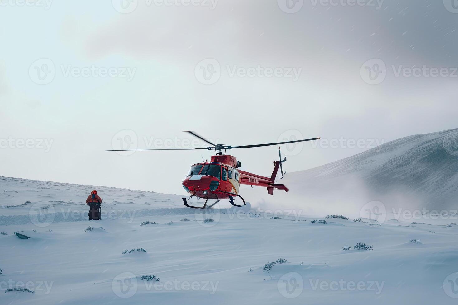 Sök drift i berg. medicinsk rädda helikopter i snöig berg. generativ ai foto