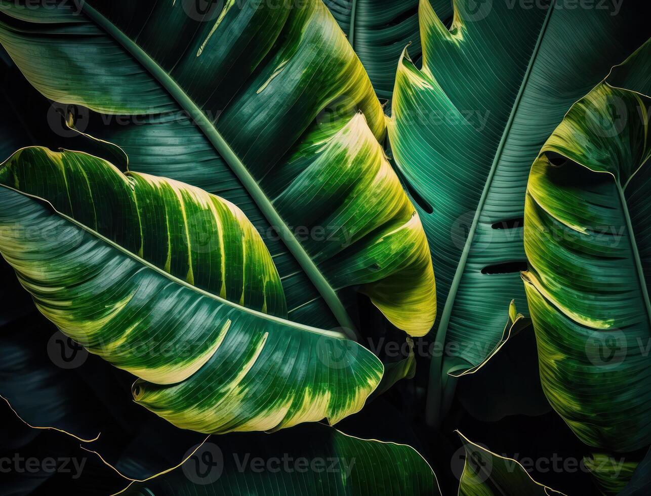 abstrakt grön tropisk banan och monstera löv bakgrund skapas med generativ ai teknologi foto