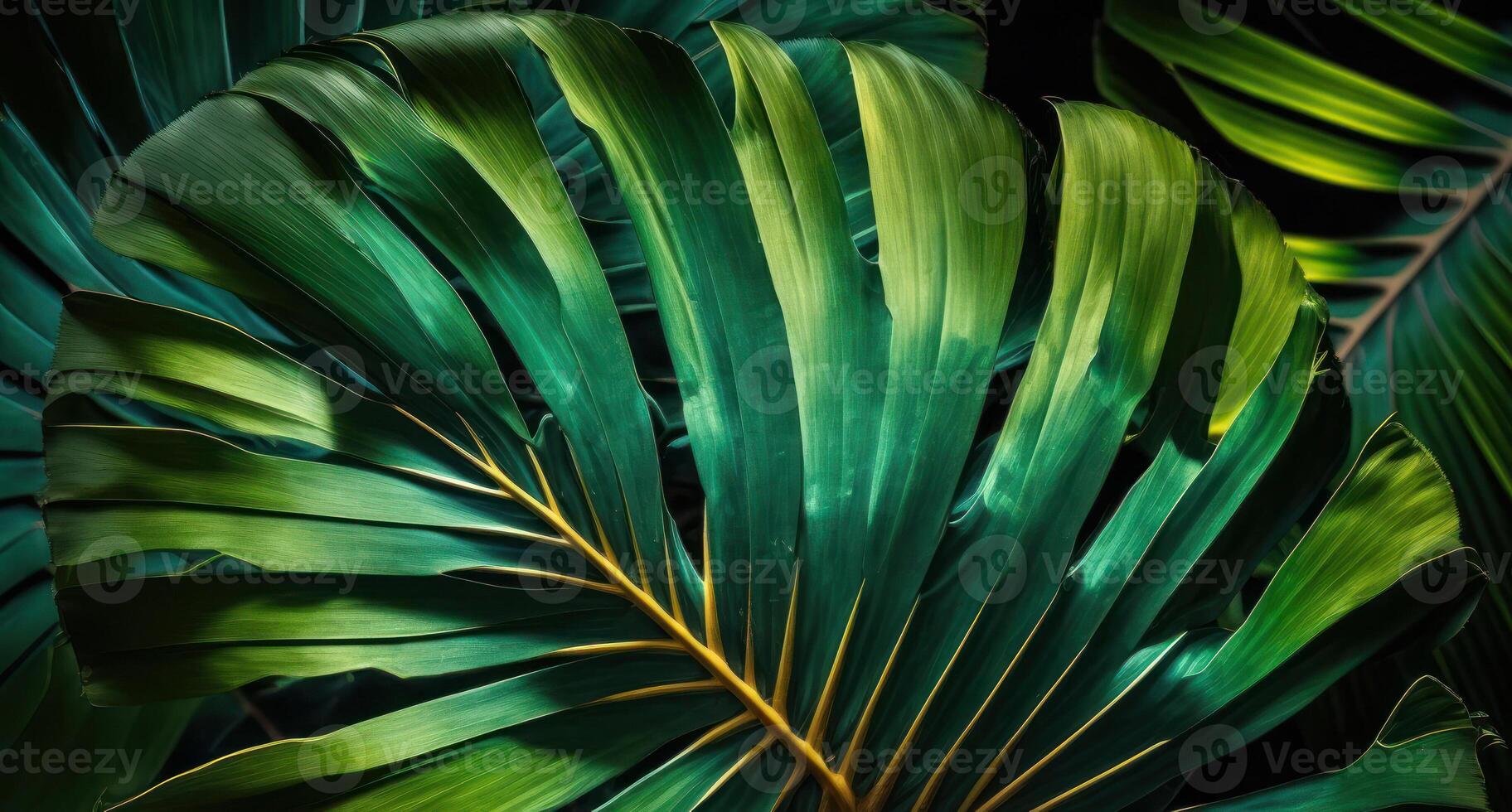 abstrakt grön tropisk banan och monstera löv bakgrund skapas med generativ ai teknologi foto