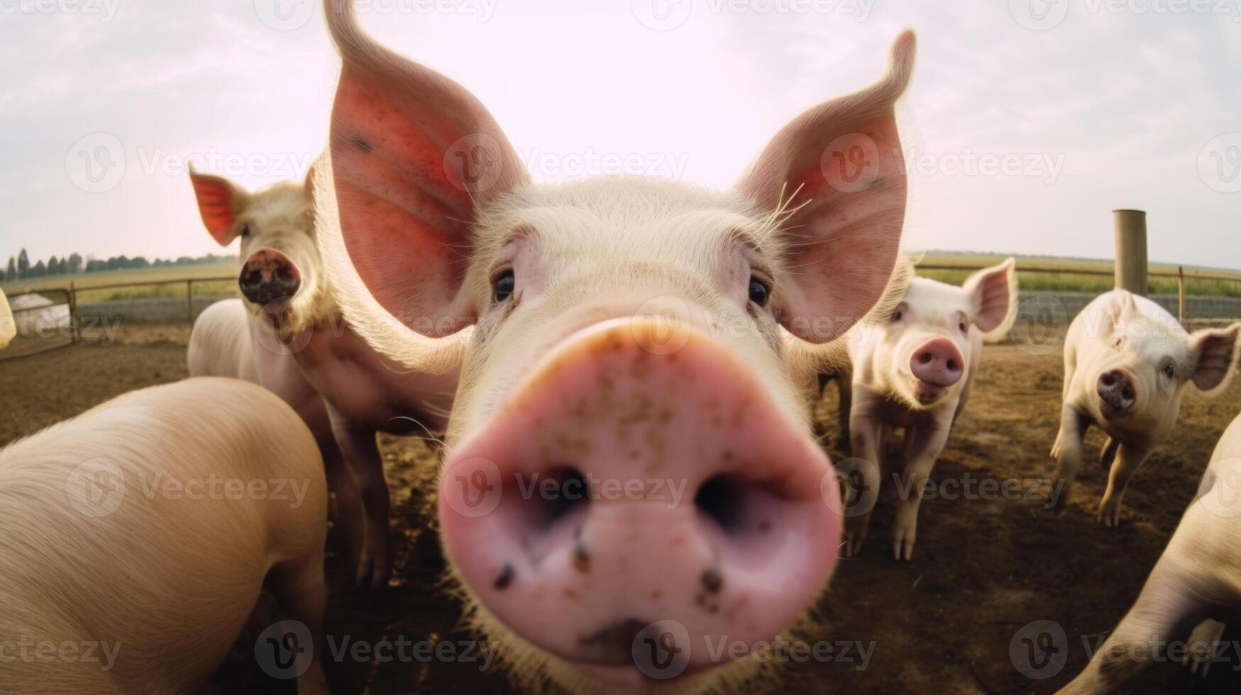 grupp av grisar i bruka gård. generativ ai foto