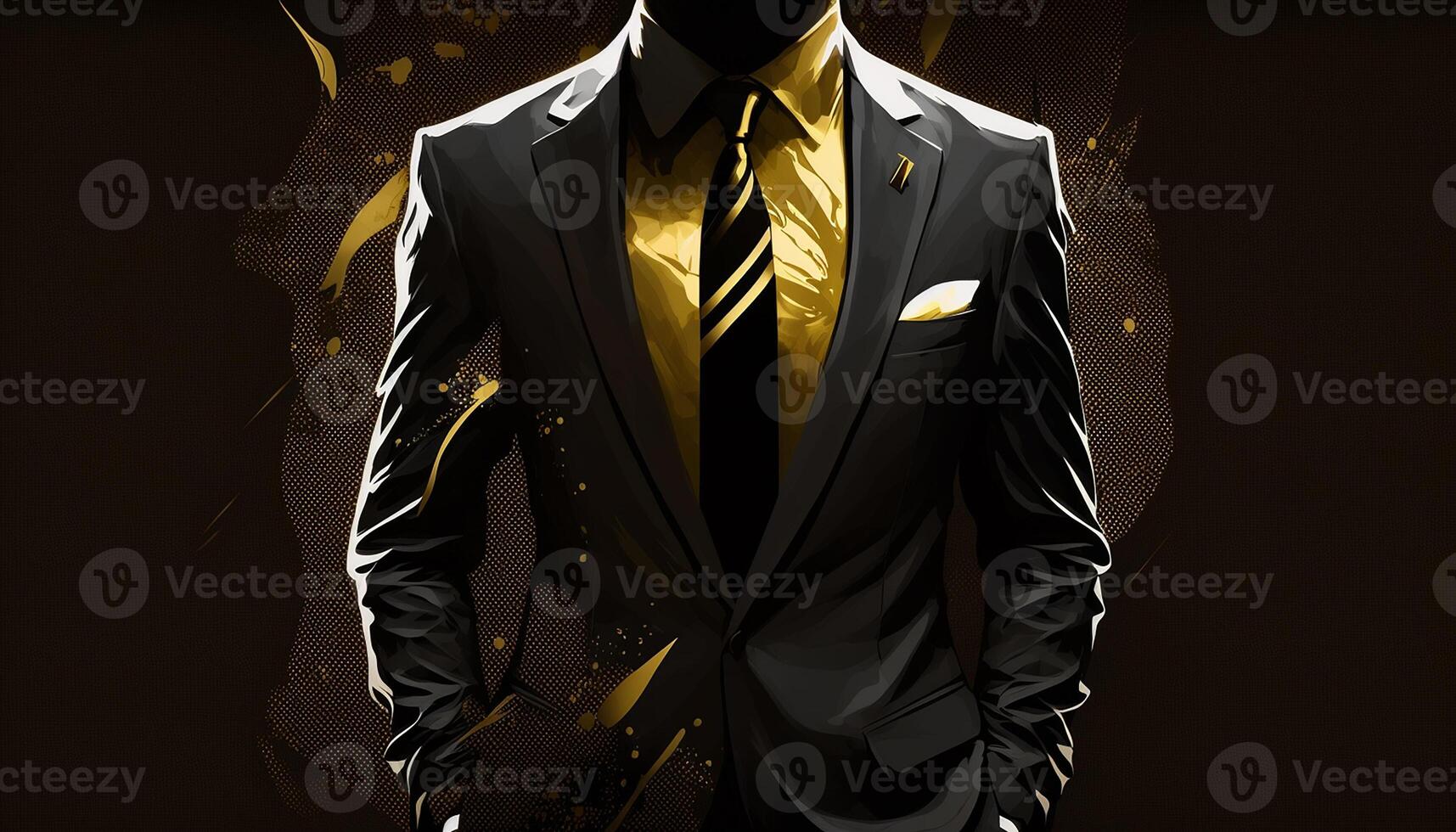 en närbild silhuett av en rik affärsman i svart och guld kostym. generativ ai foto