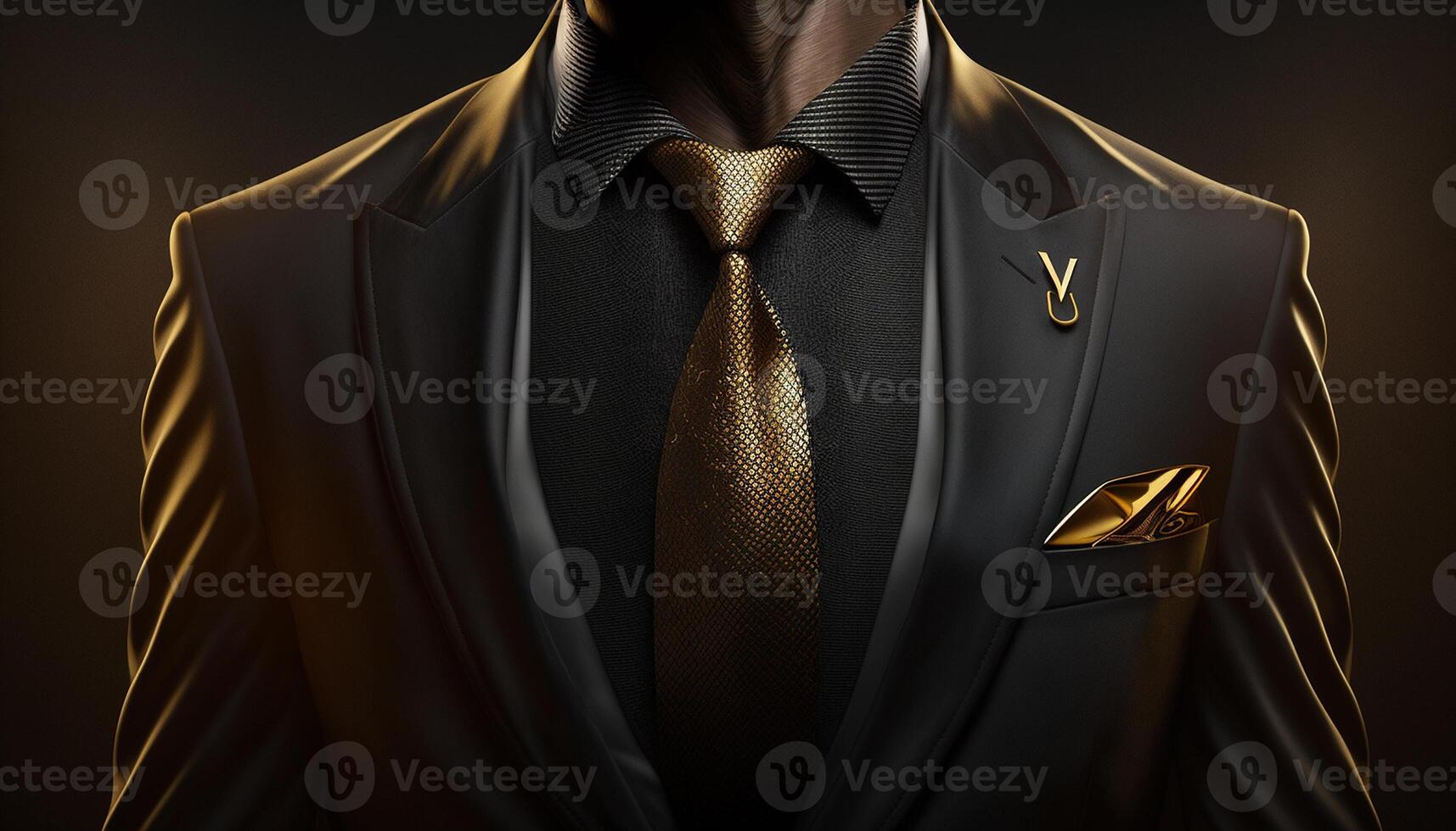 en närbild silhuett av en rik affärsman i svart och guld kostym. generativ ai foto