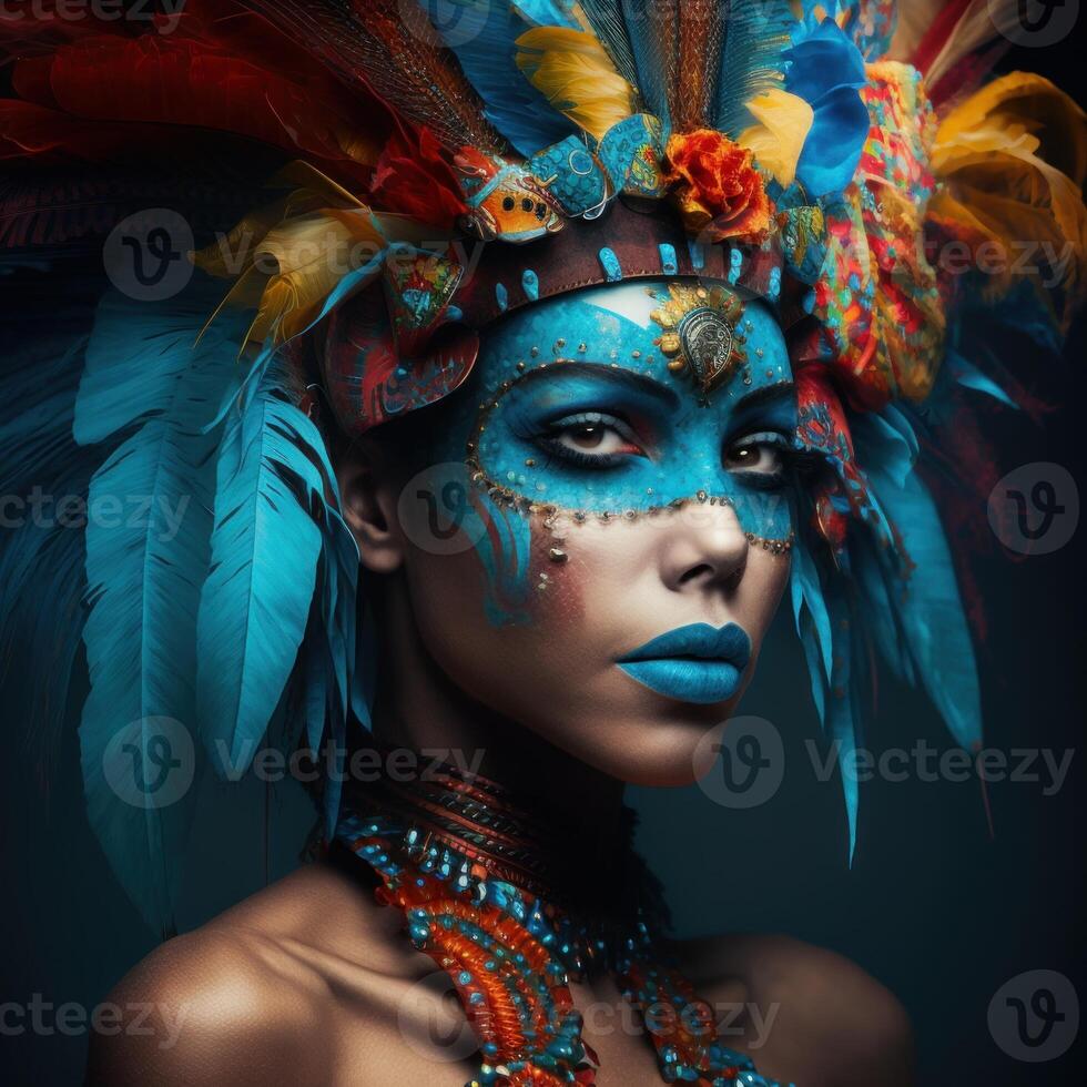 en fantastisk ung kvinna i en eleganta karneval mask. generativ ai foto