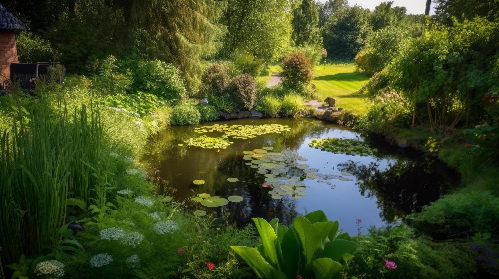 damm i de sommar trädgård. illustration ai generativ foto